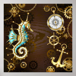 Houten achtergrond met mechanische zeepaard poster