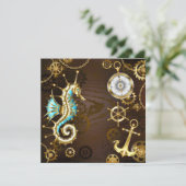 Houten achtergrond met mechanische zeepaard save the date (Staand voorkant)