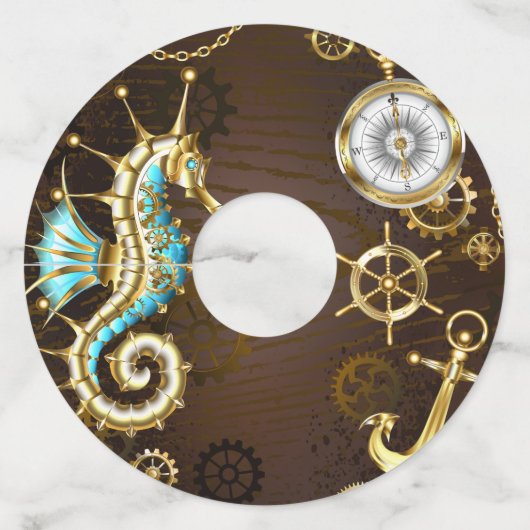 Houten Achtergrond met Mechanische Zeepaard Wijnglaslabel (Achterkant)