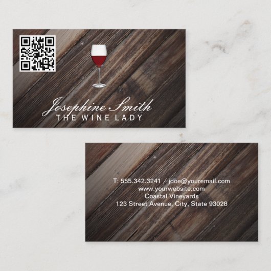 Houten achtergrond | Wijn | QR-code Visitekaartje (Voorkant / Achterkant)