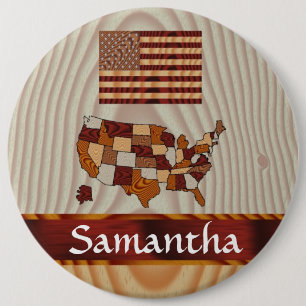 Houten Amerikaanse vlag en kaart Ronde Button 6,0 Cm
