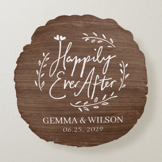 Houten Bloem Geschenk Met Naam Voor Trouwdag Rond Kussen (Voorkant)