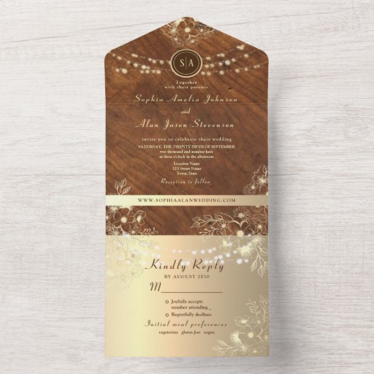 Houten Bloemen Kant Gouden Huwelijk All In One Uitnodiging (Binnen)