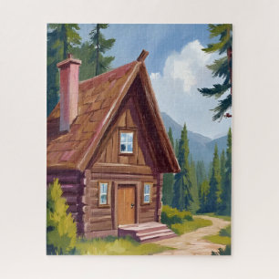 Houten Blokhut Cottage Berglandschap Legpuzzel