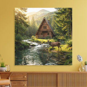 Houten Blokhut, Stroom, Bergen en Herten Natuur Ku Canvas Afdruk