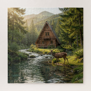 Houten Blokhut, Stroom, Bergen en Herten Natuur Ku Legpuzzel