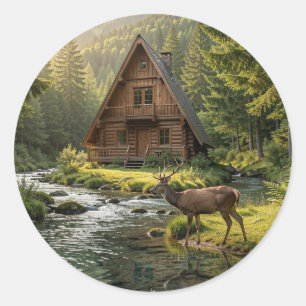 Houten Blokhut, Stroom, Bergen en Herten Natuur Ku Ronde Sticker