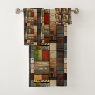 Houten bloktypografie en kunstcollage 4 bad handdoek