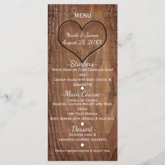 Houten boom gekarteld in het menu Hart Rustic Wedd (Voorkant)