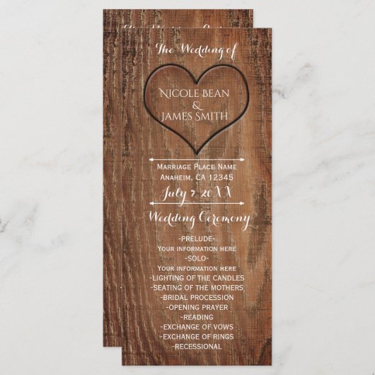 Houten boom gesneden in hart rustieke bruiloft pro programma (Voorkant / Achterkant)