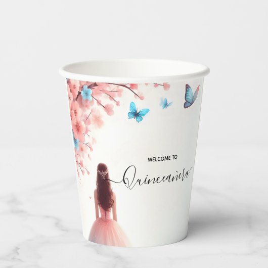 Houten Boom Roze Girly Cherry Blossom Quinceanera Papieren Bekers (Achterkant)