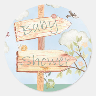 Houten bord voor babyshower met dieren ronde sticker