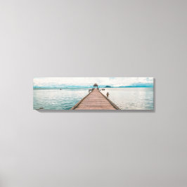 Houten brug over het Panoramisch Canvas-meer Canvas Afdruk