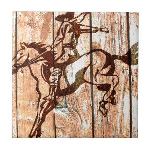 Houten bucking bronco cowboy tegeltje
