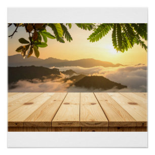 Houten bureau in het licht van de zonsopgang perfect poster