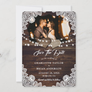 Houten Burlap Kant String Lights Trouwfoto Save The Date