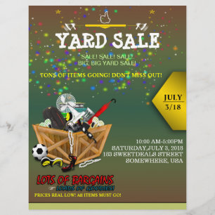 Houten doos vol met Goodies Yard Sale Flyer