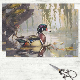 Houten Eend op de Vijver Kunstwerk Decoupage Tissuepapier