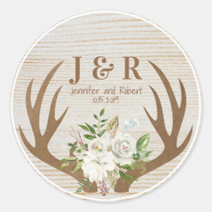 Houten en bloemige achtergrond Boho gewei monogram Ronde Sticker