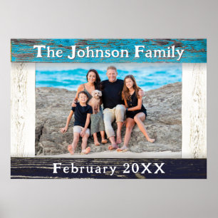 Houten familienaam foto in landelijke blauwe stijl poster