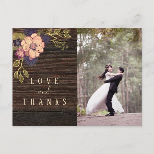 Houten foto bruiloft dank u briefkaart (Voorkant)