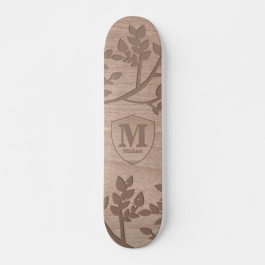 Houten gegraveerd bladeren naam monogram skateboard (Voorkant)