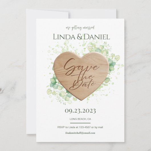 Houten Hart Waterverf Eucalyptus Rustieke Bruiloft Save The Date (Voorkant)