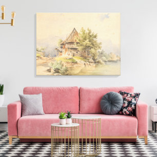 Houten huis aan het meer – Carl Lafite Canvas Afdruk