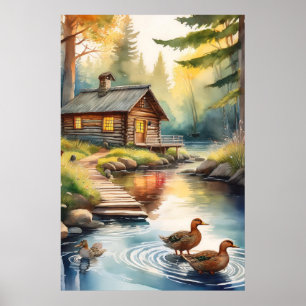 Houten huis aan rivier 1 poster