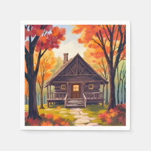 Houten huis   Waterverf van herfstloofbos Servet