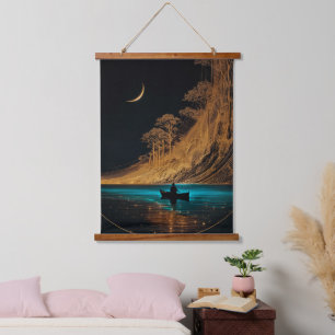 Houten kano en halve maan, helder blauw water hangend wandkleed