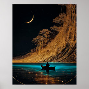 Houten kano en halve maan, helder blauw water poster