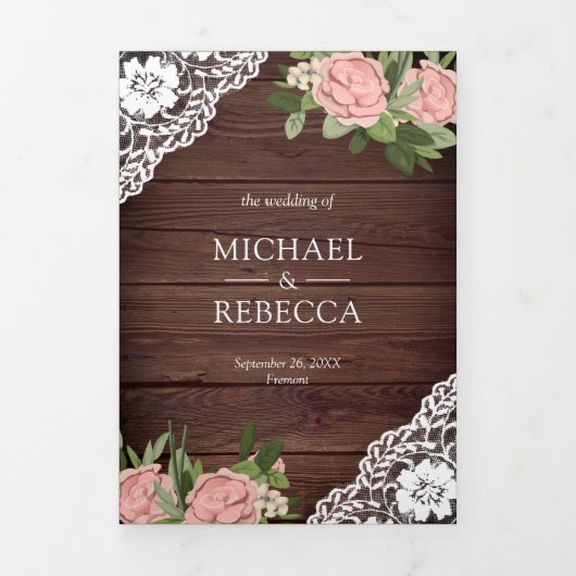 Houten kant stoffig roze roos string lichten bruil drieluik uitnodiging (Cover)