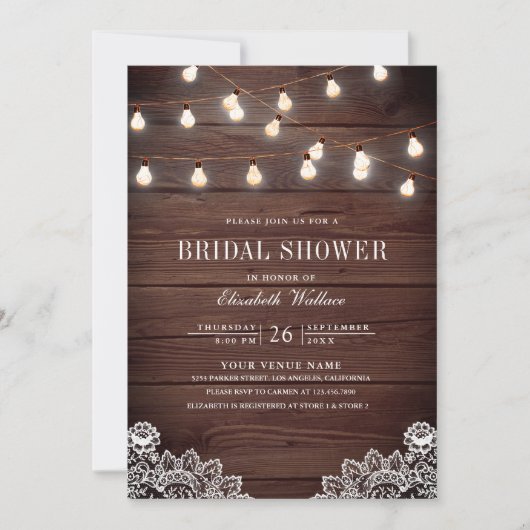 Houten Kant String Licht Foto QR Code Vrijgezellen Kaart (Voorkant)