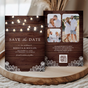 Houten Kanten Slingerlichten Foto QR-code Trouwdag Save The Date