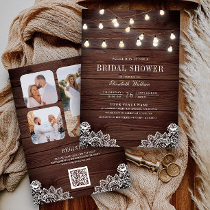 Houten Kanten Snoer Licht Foto QR Code Bruidsfeest Kaart
