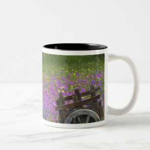Houten kar in veld van Phlox, Blauwe Bonnets Tweekleurige Koffiemok