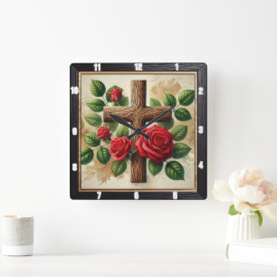 Houten Kruis Rode Rozen Vierkante Klok