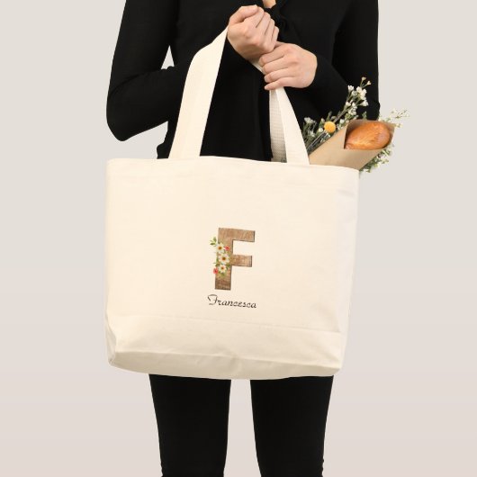 Houten letter F bloemmonogram pensionering Canvas  Grote Tote Bag (Voorkant (product))