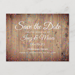 Houten Paneel Regenboog Confetti Save the Date Briefkaart