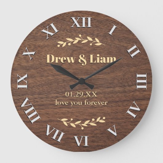 Houten Patroon Vintage Wedding Floral Custom Name Grote Klok (Voorkant)