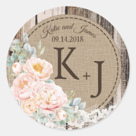 Houten Pioen Kant Rustiek Monogram Bruiloft Label