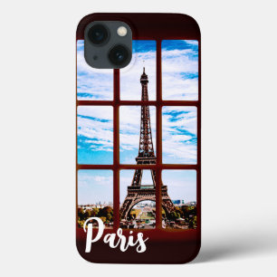 Houten raam met uitzicht op Eiffeltoren, Parijs iPhone 13 Hoesje