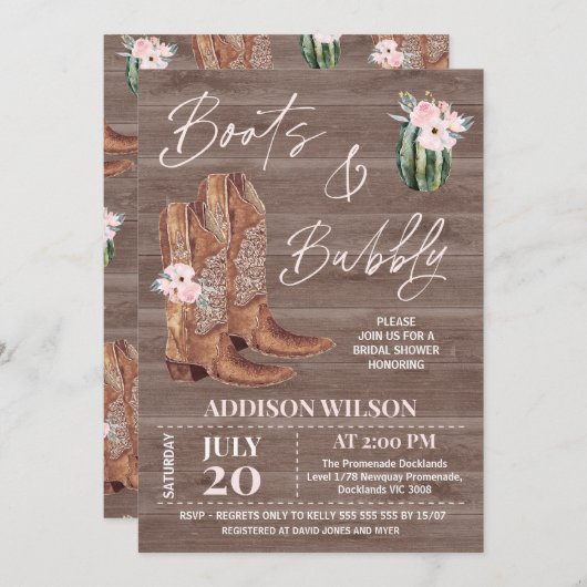 Houten Roze Bloemrijke Laarzen en Bruisende Bruids Kaart (Voorkant / Achterkant)