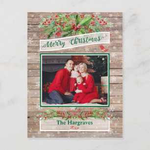 Houten Rustieke Kerst Holly Snowflake Familie Briefkaart