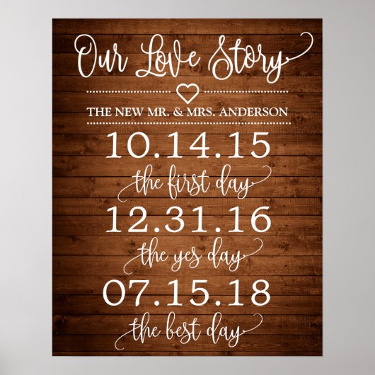 Houten Rustieke 'Ons Liebesverhaal' Tijdlijn Trouw Poster (Voorkant)
