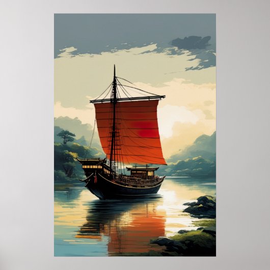 Houten Schip op Vreedzame Rivier Poster (Voorkant)
