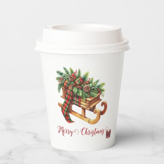 Houten slede voor takken Groen & Rood Plaid Papieren Bekers (Achterkant)