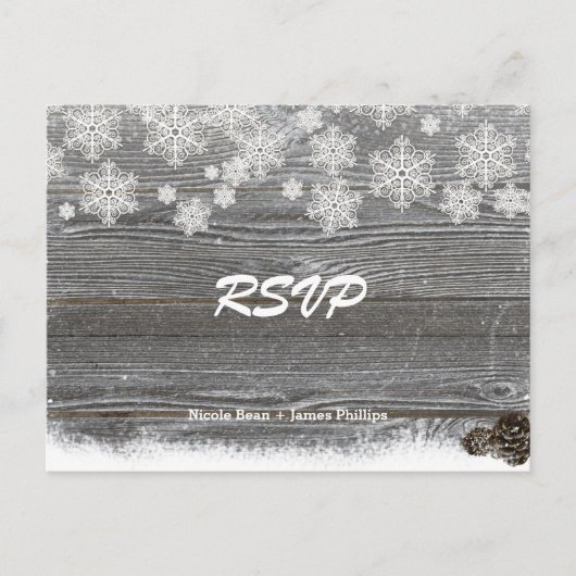 Houten & Sneeuwvlokken Trouw RSVP-ansichtkaart Uitnodiging Briefkaart (Voorkant)