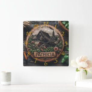 Houten snijwerk van paard in de buurt van rustieke vierkante klok